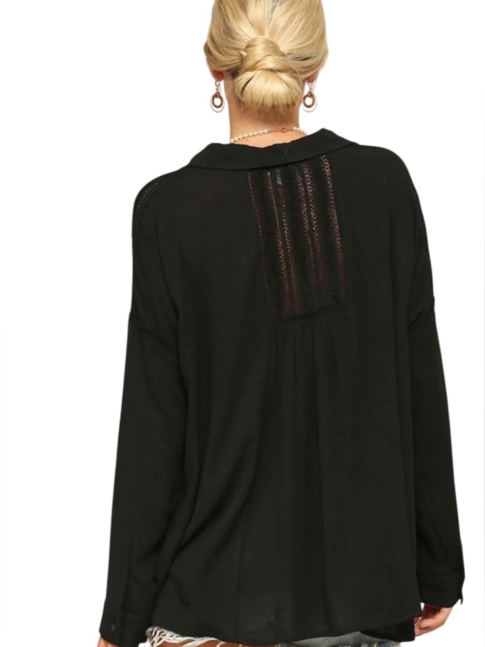 NEW Kyemi Black Lightweight Open Lace Crochet Inset Boho Breeze Button Up Shirt - Picture 4 of 6